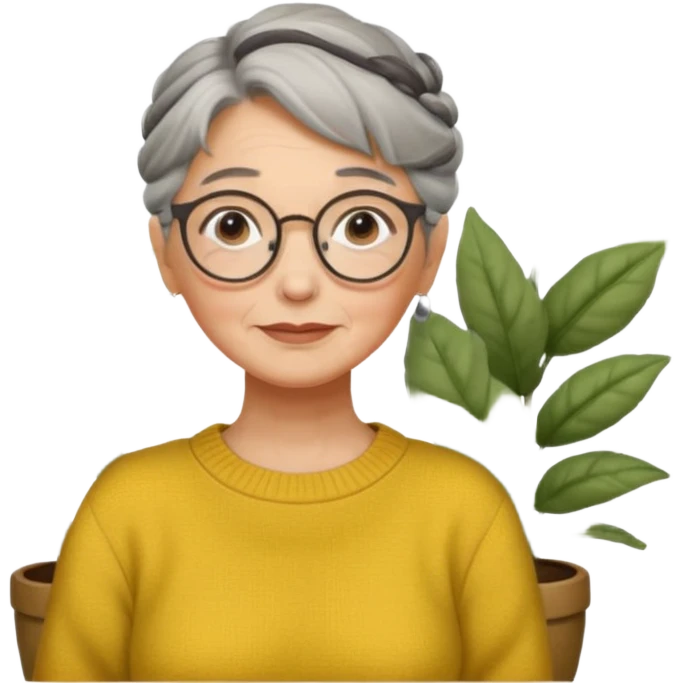 Abuela con cabello canoso en moño, expresión tierna, gafas redondas, suéter amarillo y detalles relacionados con plantas. Estilo amable y acogedor. emoji