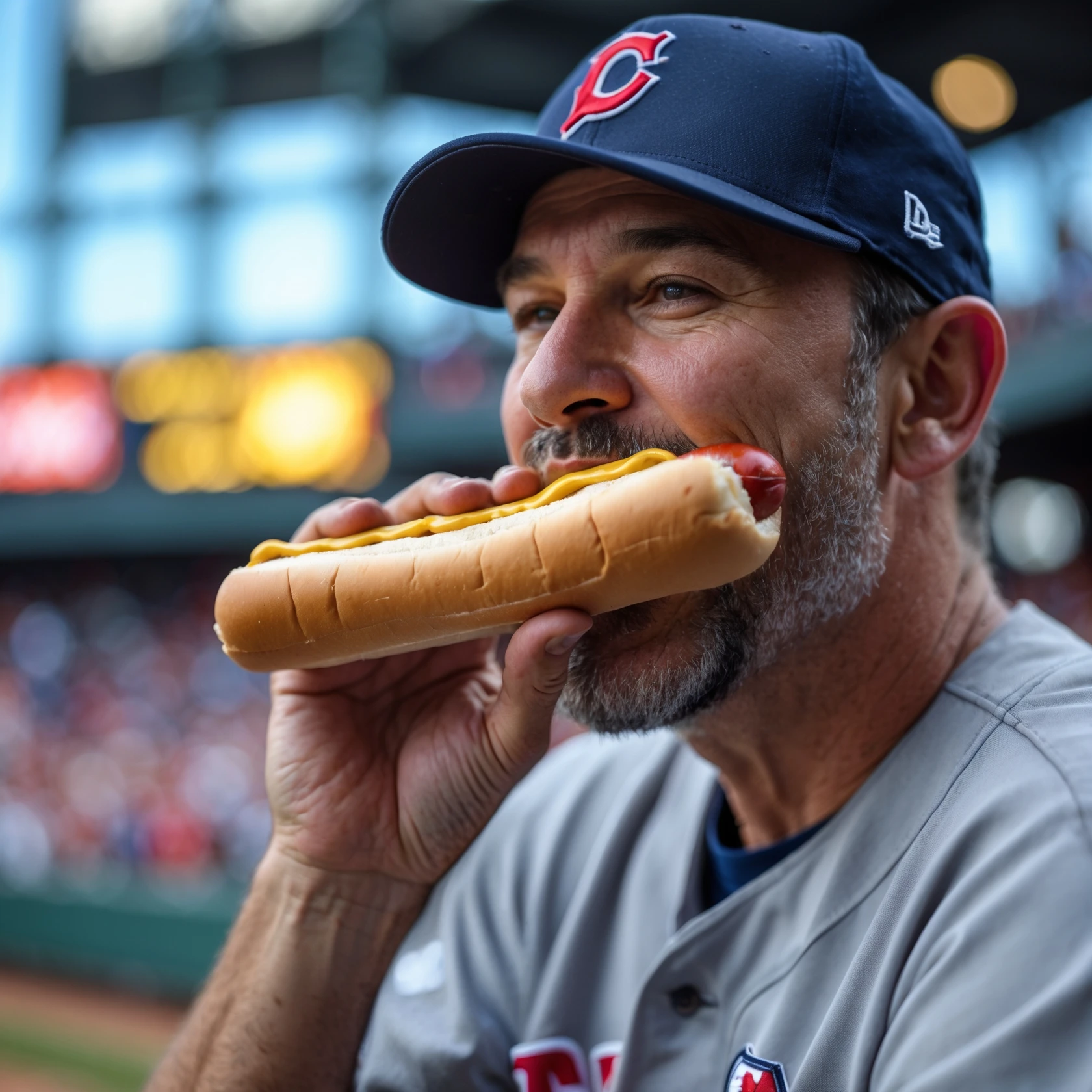 man eating a hot dog at a baseball game emoji