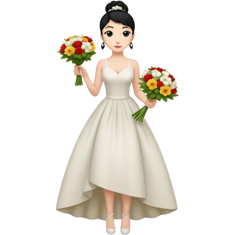Chica blanca,cuerpo entero, vestido boda asimétrico tirantes , pelo negro,    ramo de flores , pelo recogido en moño alto emoji