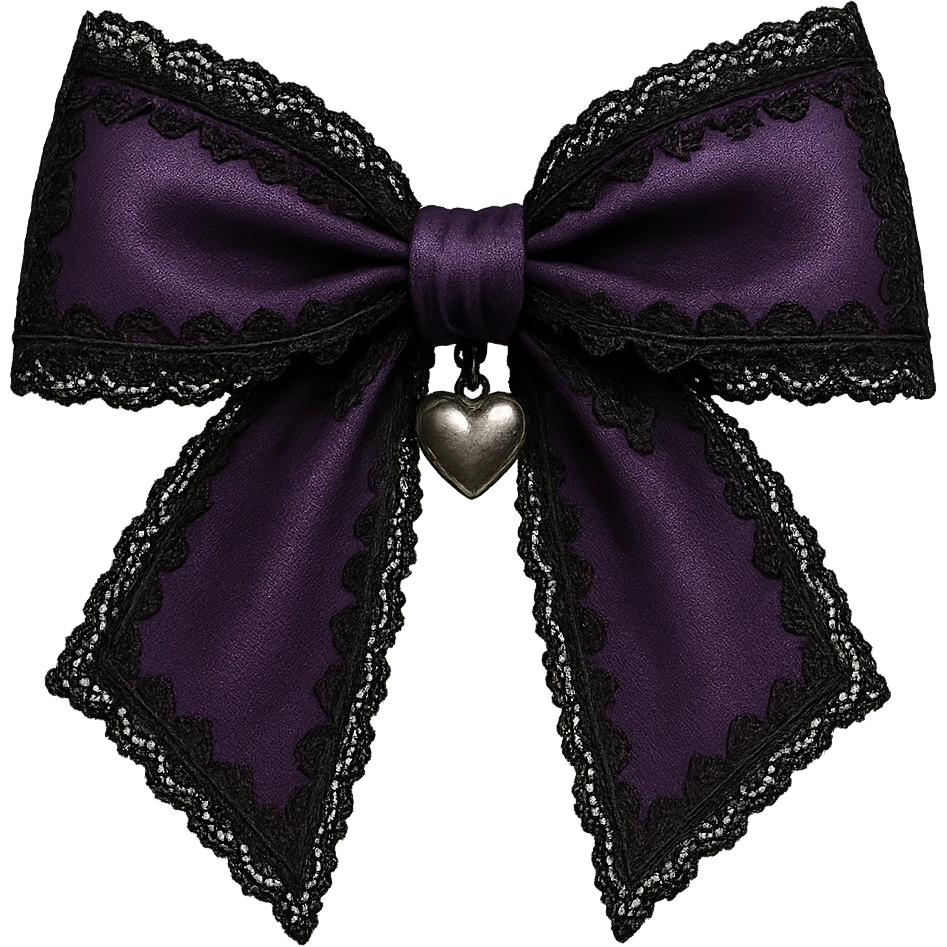 Purple gothic bow with black lace trim and heart charm, remove background emoji