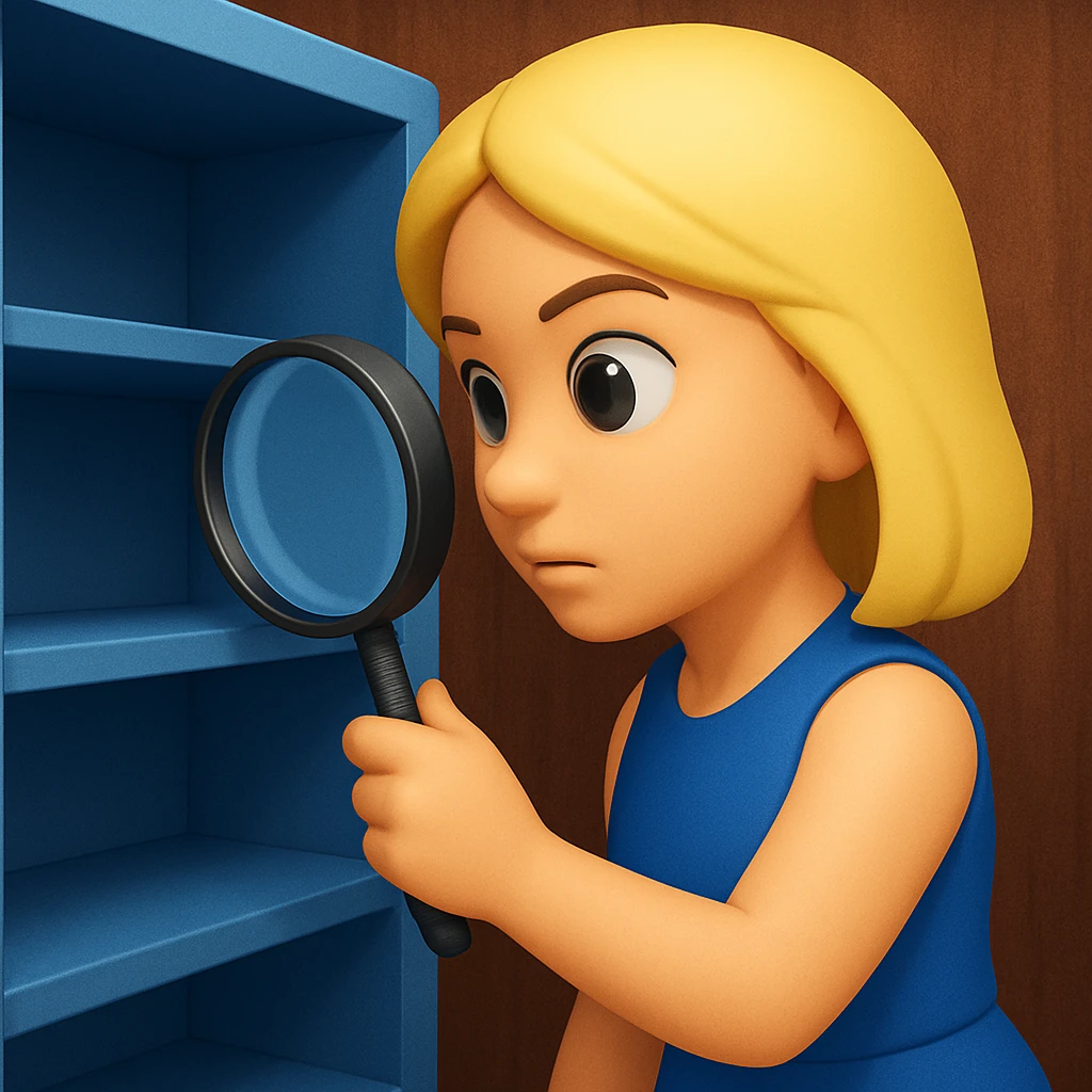 emoji of white empty shelf in perspective view with a standing woman nearby, she is looking at the shelfs with a magnifying glass, she is turned to the shelfs, emoji style, woman wearing a blue dress, adjust the perspective to be more dramatic, with a different background emoji
