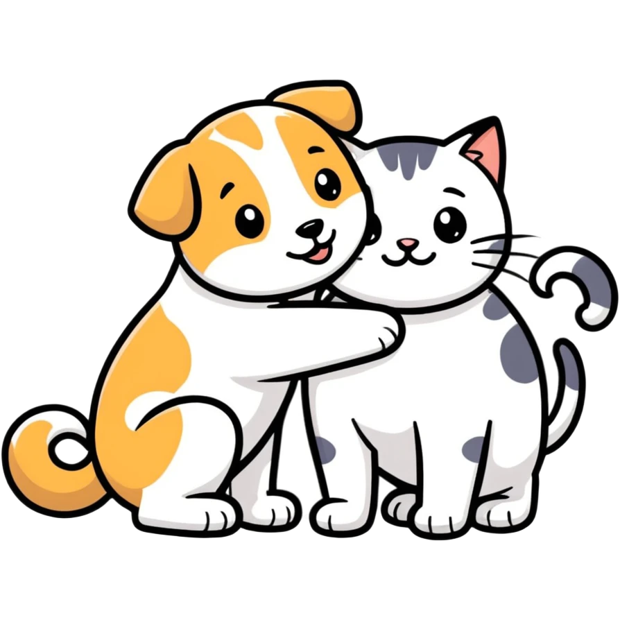 A dog hug a cat with smile face emoji