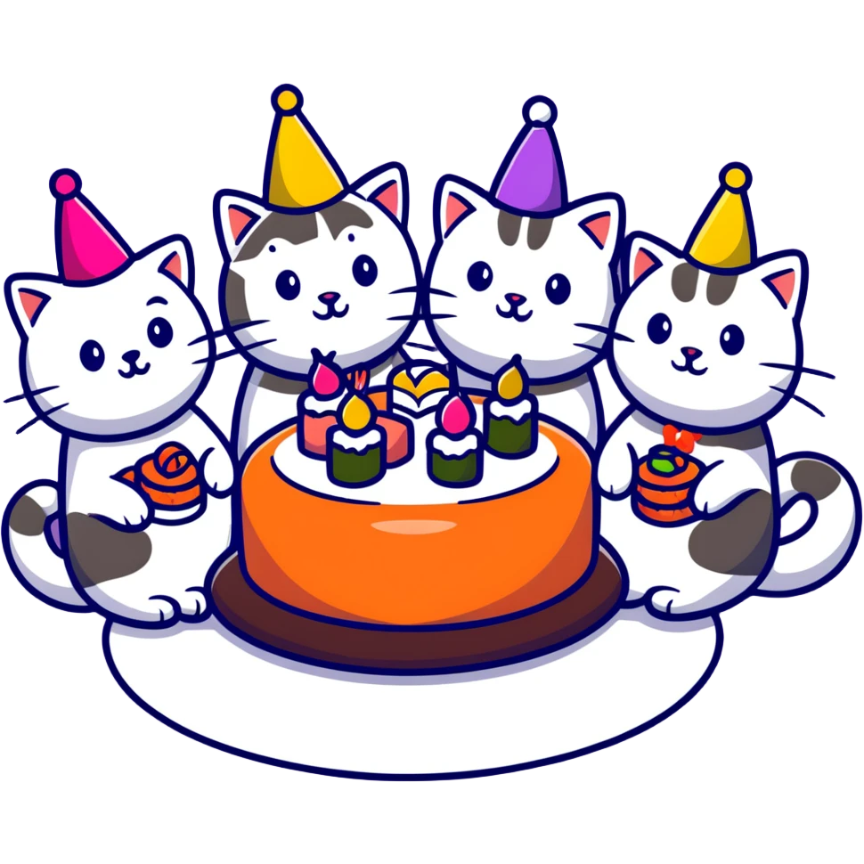 six different cats arranged in a circle, celebrating with party hats, each cat holding a piece of sushi, birthday cake in the center emoji