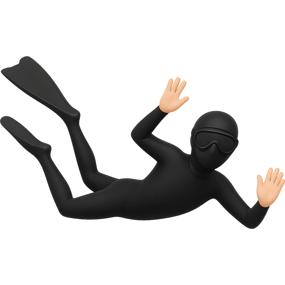Edit the freediver emoji to have longer fins and ensure the face is not visible by covering the eyes with black goggles. Keep the rest of the emoji the same. The style should resemble emoji style with no background. emoji