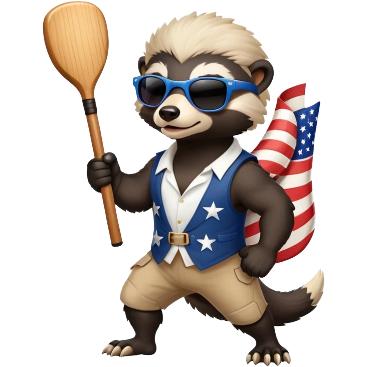 friendly anthropomorphised honey badger in USA Independence Day outfit, wearing sunglasses, carrying a club, dynamic pose emoji