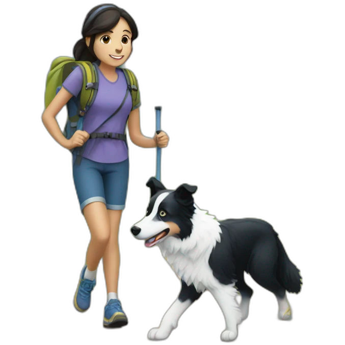 A girl hiking with a adult Blue and white border collie emoji