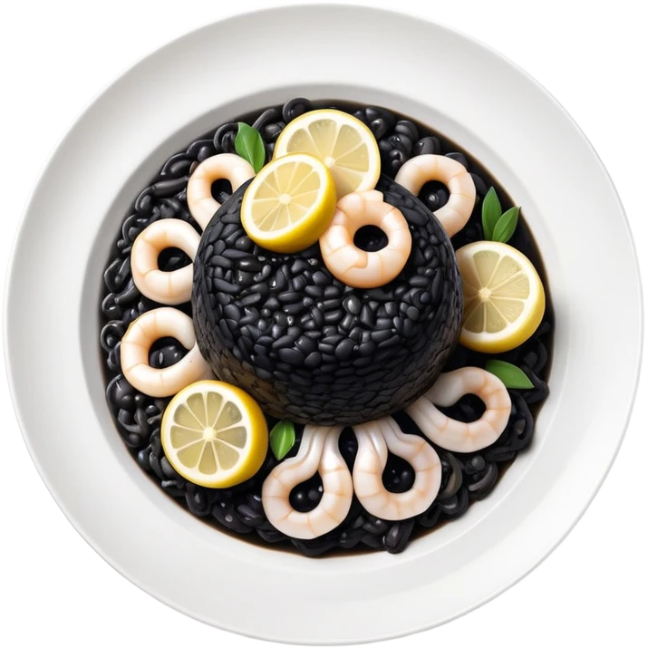 cinematic-realistic-black-risotto-dish,-showcasing-small squid pieces-rendered-with-bold-textures-and-dynamic,-dramatic-lighting in a white plate with a grilled lemon on top emoji