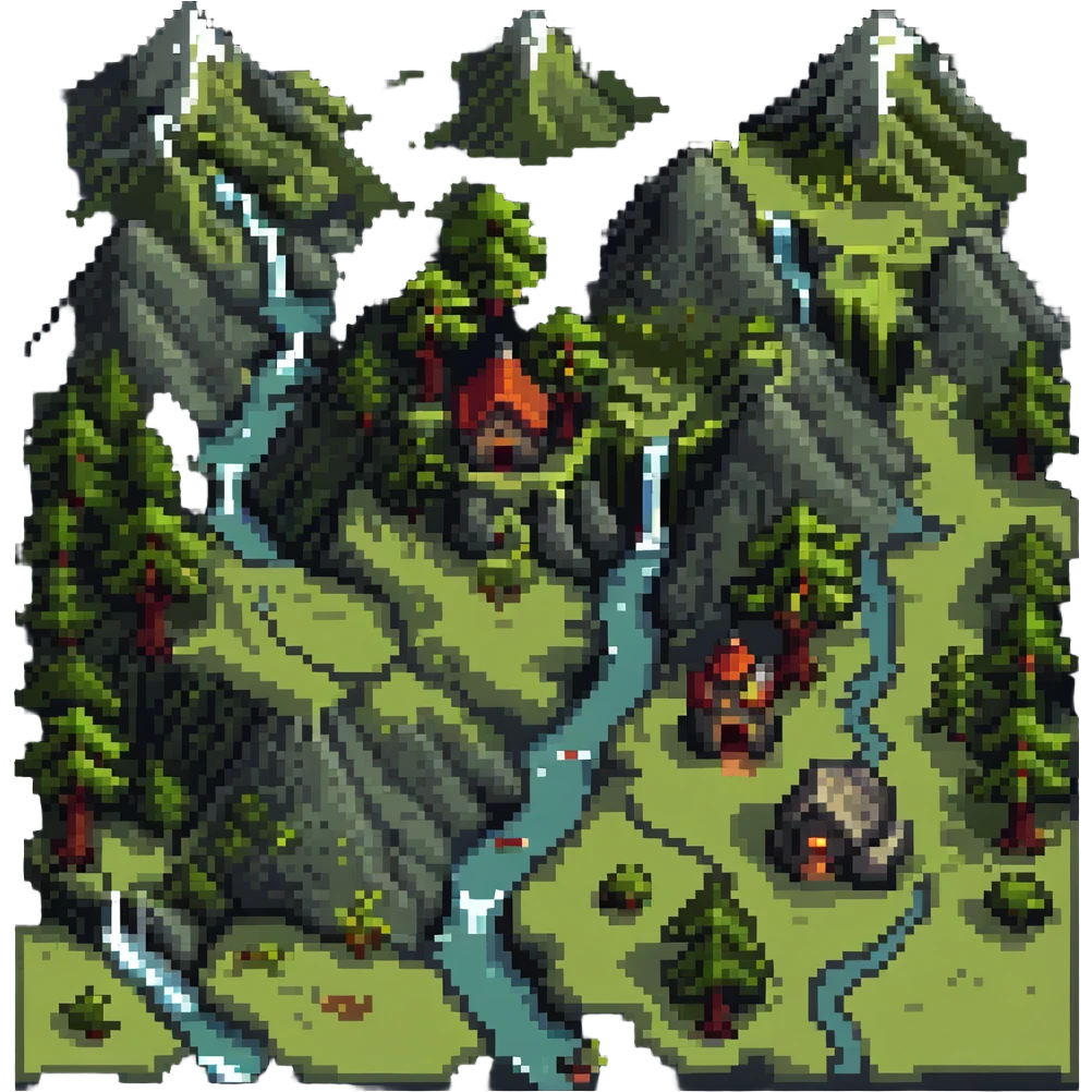 Fantasy game map with mountains, forests, and villages emoji