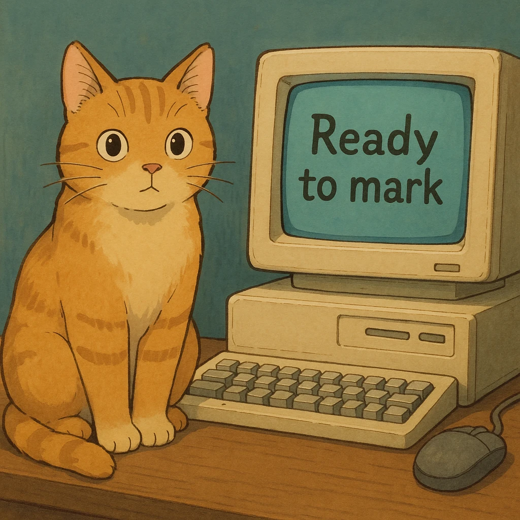 A cat sitting next to a computer with the inscription 'Ready to mark' emoji