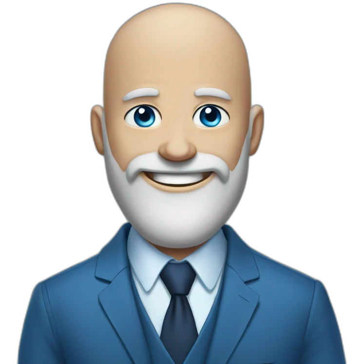 blue-eyed full smile aching bald man with a long beard in a blue suit emoji