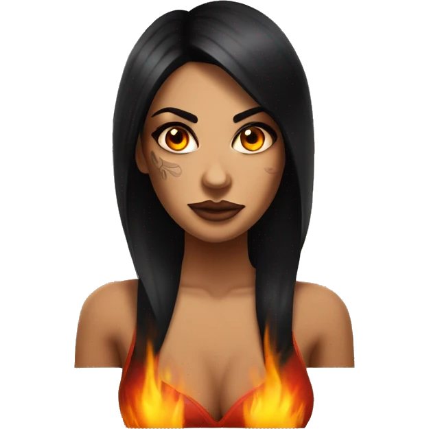 Black haired, dark eyed tanned tattooed woman with fire eyes emoji