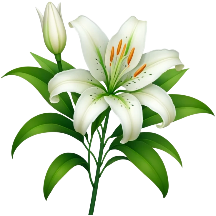 Beautiful white lily flower with green stem and leaves emoji