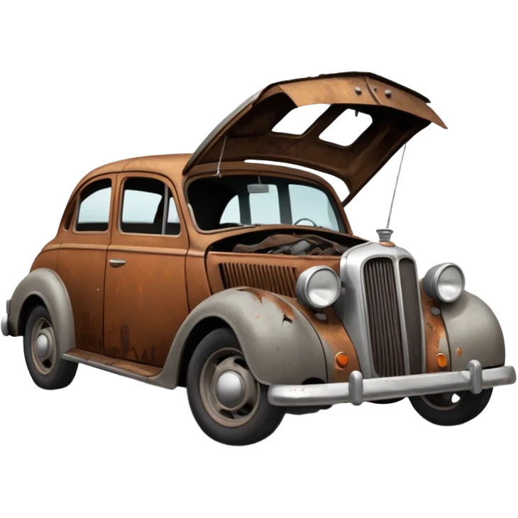 Side view of a broken-down old car with steam from the open bonnet, shattered windows, rusted doors, a flat tire, dents, peeling paint, and a grimy, neglected look. emoji