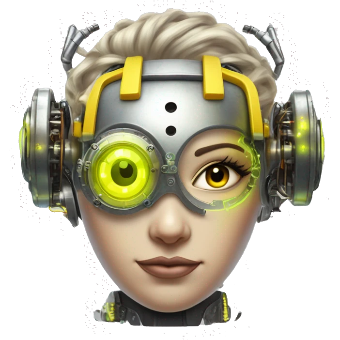 Round faced Caucasian female cyborg head with Neon yellow bobbed hair, silver steampunk goggles and circuits emoji