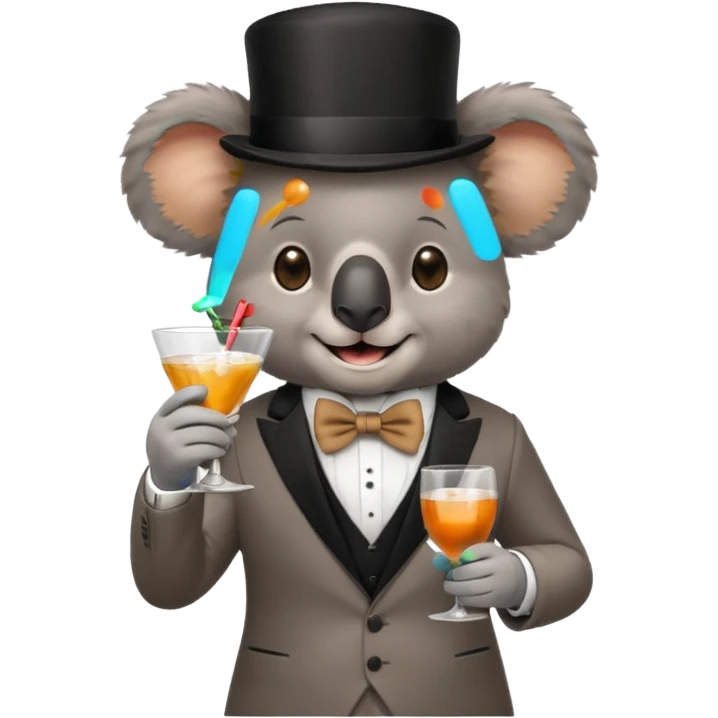 koala wearing suit, bowtie and top hat, holding glass of drink emoji