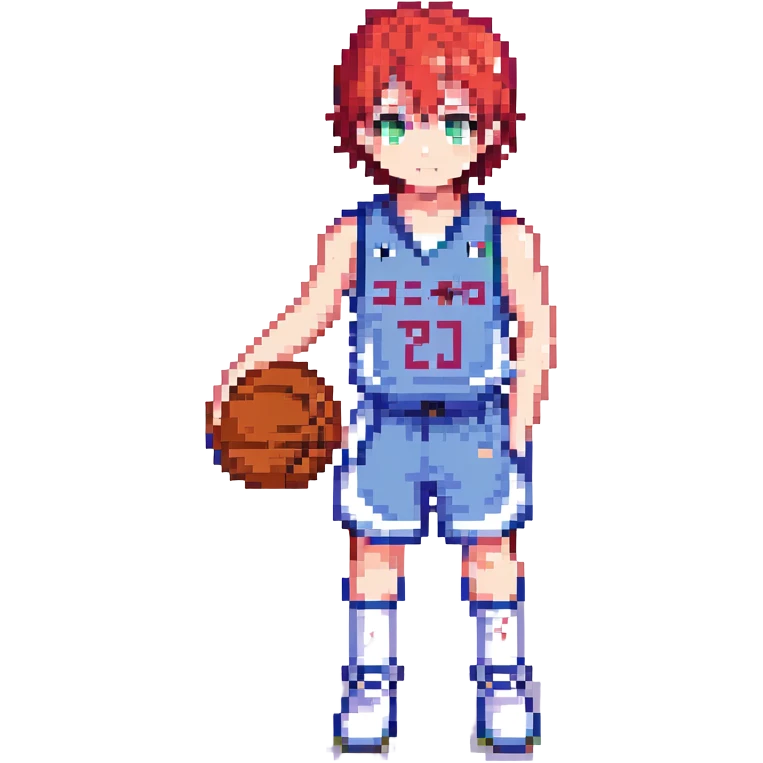 Seijuro Akashi, pixel art, red hair, heterochromia, wearing Rakuzan basketball jersey, small sprite emoji
