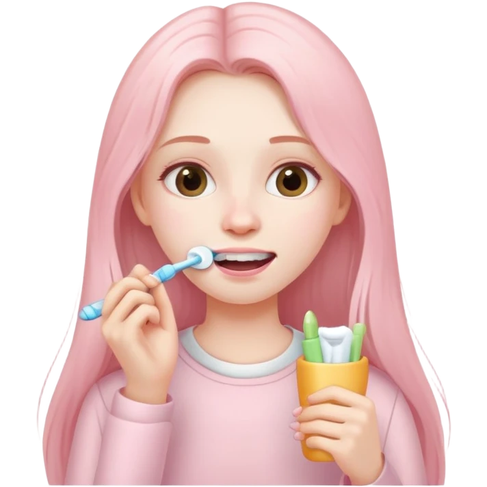 A girl with long hair in pale pink clothes brushes her teeth emoji
