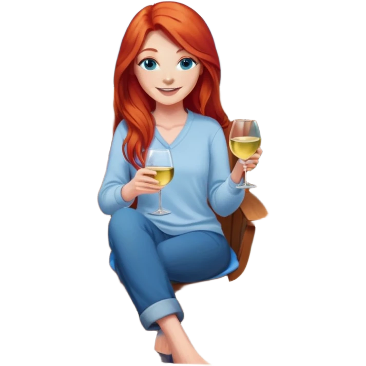 Laughing woman with long red hair and blue eyes holding white wine sitting in chair beside fire pit emoji