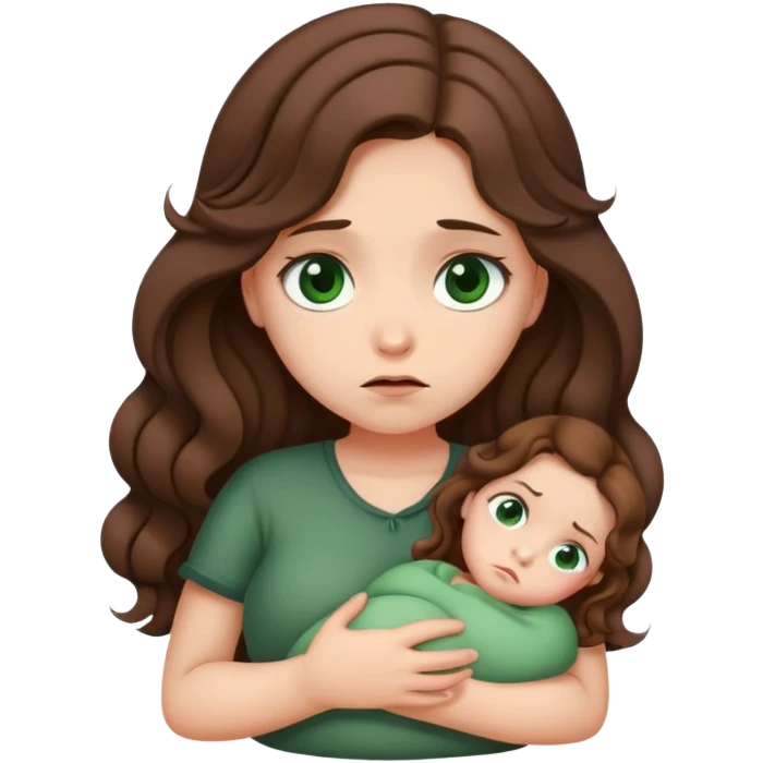 Sad Girl with curled brown long length hair and dark green eyes with belly ache emoji