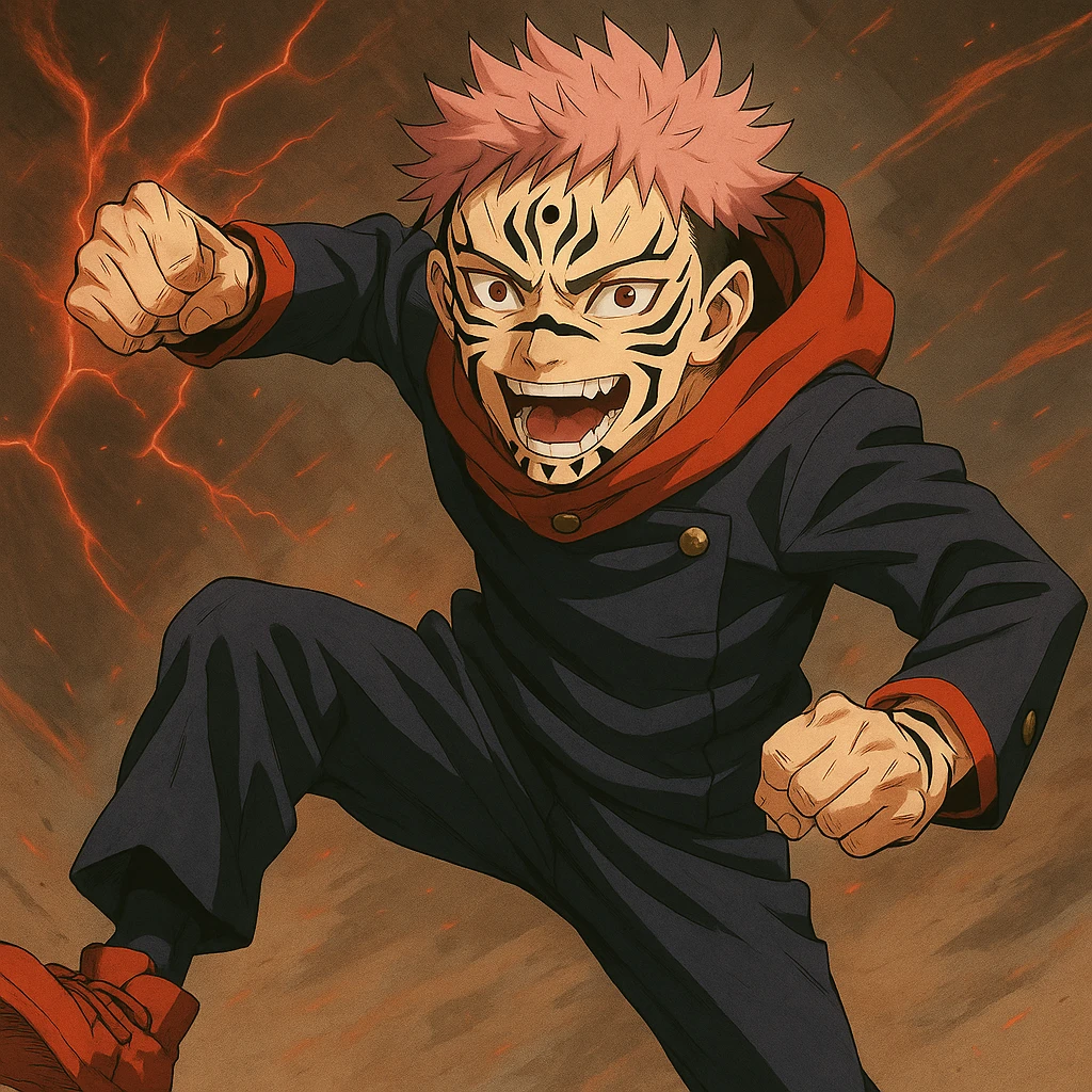 Add Sukuna's facial markings and extra eyes to the Jujutsu Kaisen character in the image. Keep the anime style and dynamic pose as shown in the reference. emoji