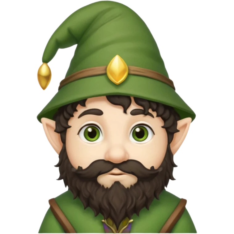 Gnomo con, capelli ricci scuri, occhi marroni, cappello verde emoji