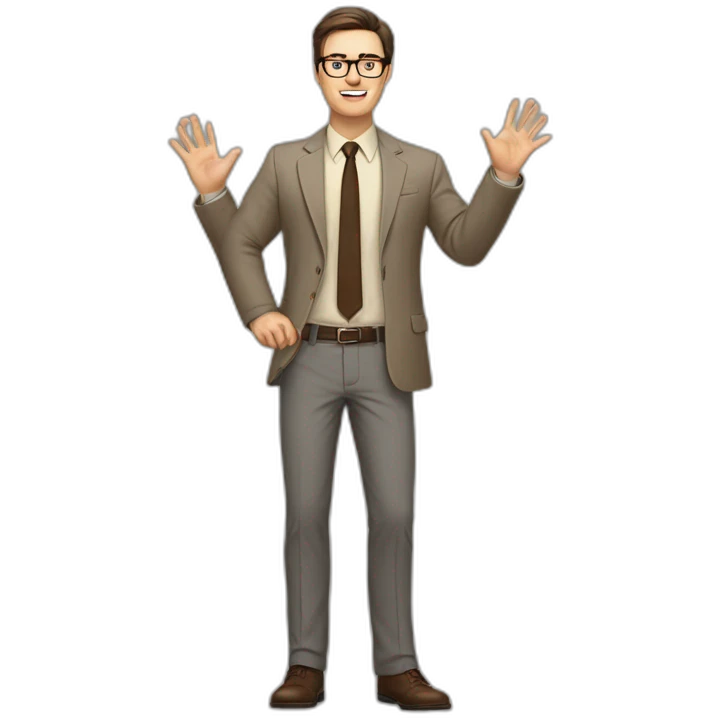 Full height Actively gesturing with hands Pale skinned fit man with dark brown hair in gray jacket, beige office shirt, brown tie, brown pants and vintage glasses. emoji
