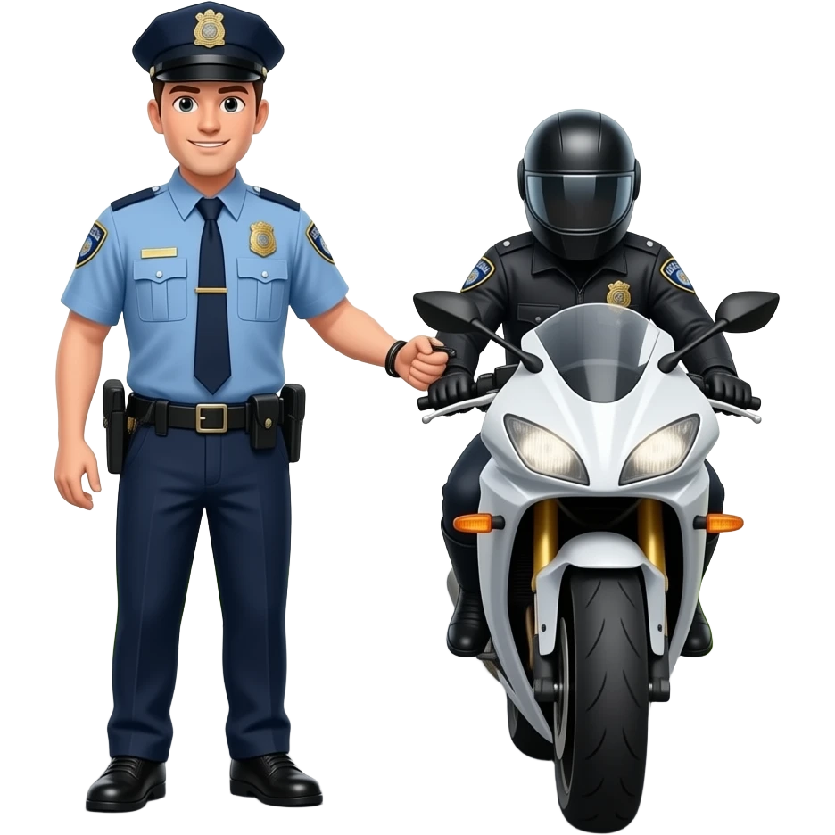 Policía arrestado con esposas las dos  manos de un  piloto de moto en la carretera por detras emoji