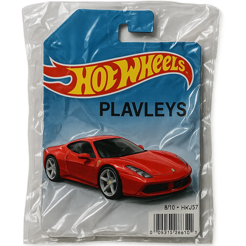 Hot Wheels packaging with a red Ferrari car labeled 'PLAVLEYS', glossy, no background emoji