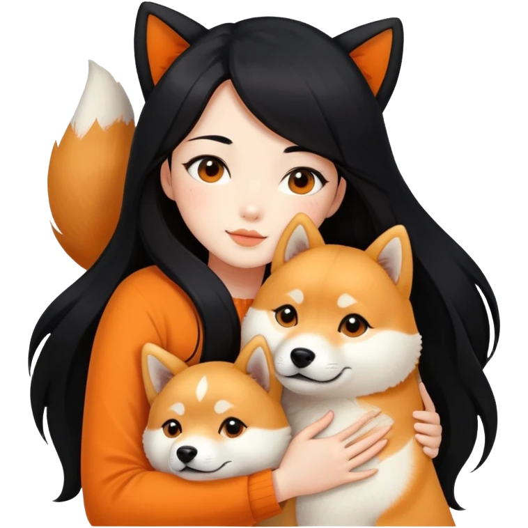A beautiful girl with long black hair hugs a Shiba Lnu emoji