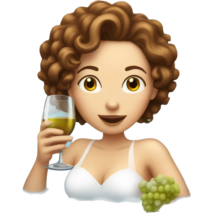 White Woman with curly brown hair drinking wine in a bubble bath emoji
