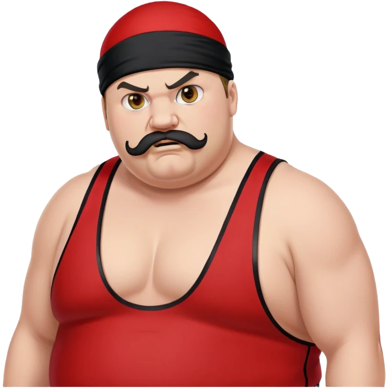 Extreme close-up of face of morbidly obese white skin guy with young face, prominent BLACK DURAG tied clearly on head, distinct black beard and mustache, black eyes in a red and black wrestling singlet with angry expression emoji