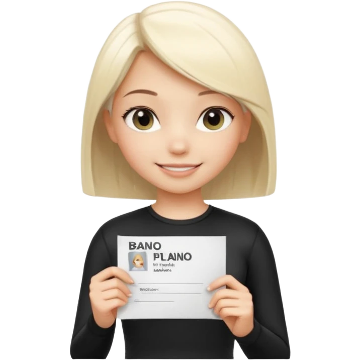 A cute 3D cartoon-style girl, platinum blonde straight bob hair, natural makeup, wearing a black sporty outfit, He holds a piece of paper with the inscription ВАЖНО. Smile face  emoji