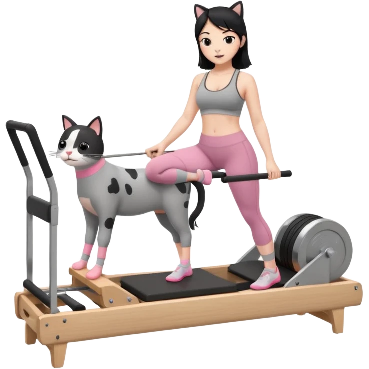 Create a Pilates emoji: a girl with fair skin and black hair, wearing a grey bra and grey leggings with pink pilates socks, doing cat-cow on a wooden reformer. Make it look at the reformer. Make the colors neutrals. emoji