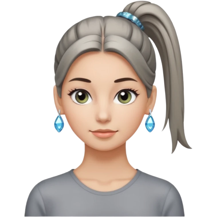 A cool woman with her hair tied in a ponytail, sparkling gray eyes, and smooth, fair skin; very beautiful. emoji
