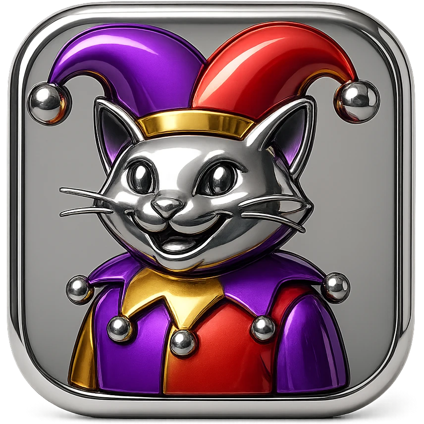 crazy colorful cute little cat jolly joker from poker, medieval, vintage, court jester, mac os icon, purple, gold and red color, half body. Squared shape as 3D mac os icon emoji
