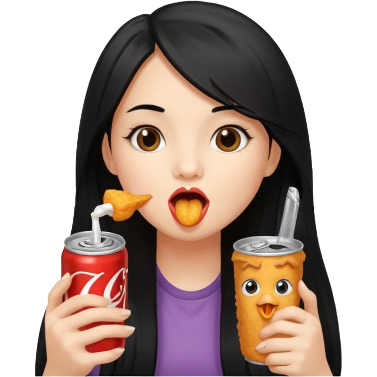 girl with long black hair eating with mouth on the chicken nugget and holding a soda can emoji