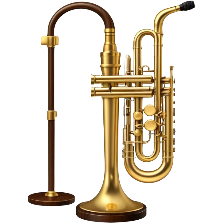 Create an elegant and atmospheric emoji representing jazz vocal performance. In the foreground, feature a vintage jazz microphone on a stand, with intricate details and a classic design. Behind it, place a grand jazz piano, with a sleek, polished finish, and on top of the piano, add a trumpet (Selmer Model 19 balanced action) resting gently. The design should evoke a sense of timeless jazz music, with flowing musical notes or subtle sound waves in the background. Use rich colors like gold, black, deep wood tones, and brass to highlight the vintage, high-quality instruments. The background should be transparent. emoji