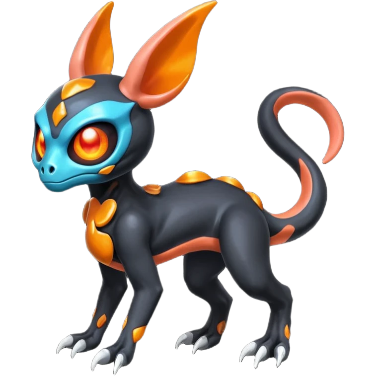 Shiny Spooky Black And Orange Duskull-Salandit-Sylveon-Fakémon-hybrid-creature (full body)  emoji