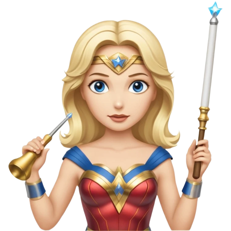 Blonde blue eyed Wonder Woman holding white orchestra conductor’s baton and bell emoji