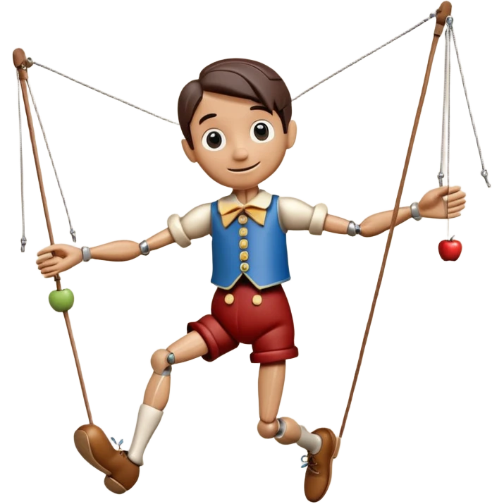 3D render of Pinocchio Boy as a wooden marionette puppet, Long nose, wood grain skin, strings, silver metal screw joints at elbows and knees, polished brown wood texture, rigid toy pose, Apple emoji style, isolated on white background --v 6.0. emoji