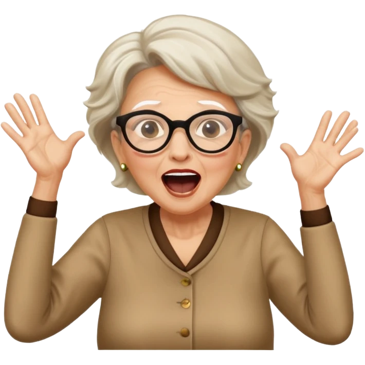 Older Woman jumping screaming and word “fraud” in a bubble emoji