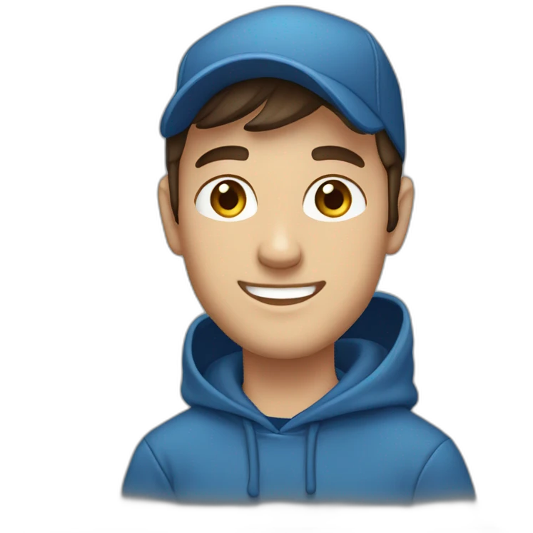 caucasian, male, dark brown hair, dark brown eyes, cap, smiling, blue hoodie emoji