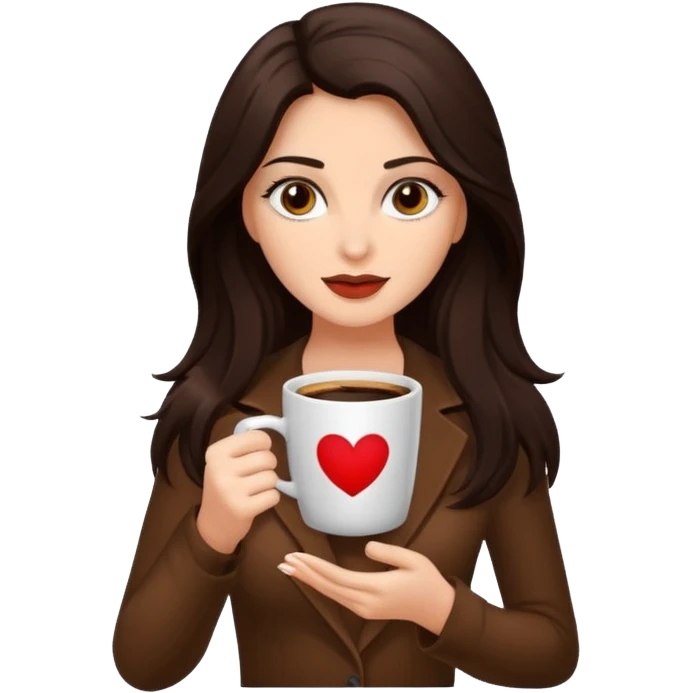 Dark Brown long haired sexy woman with dark brown eyes with cup of coffee emoji