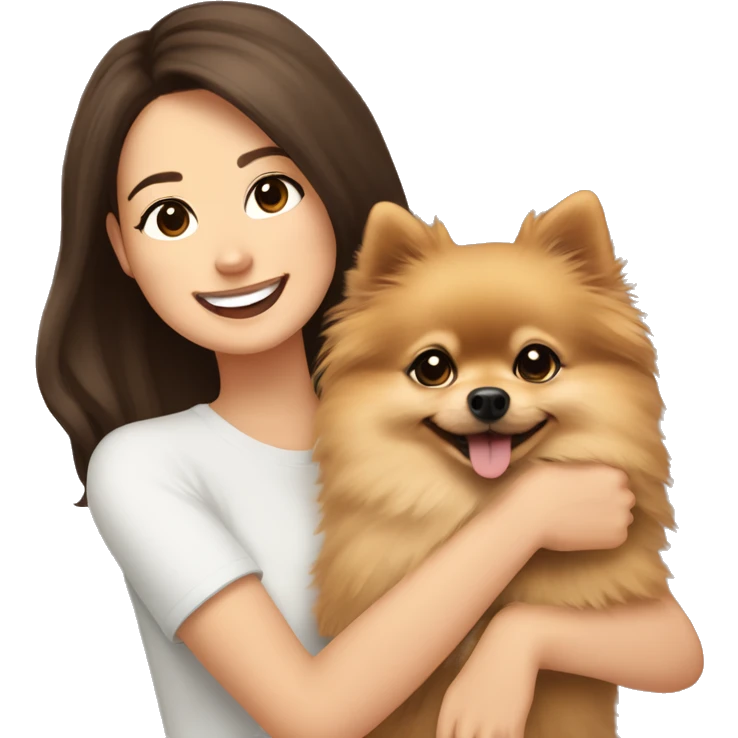 beige Pomeranian in the hands of a white young woman with dark brown hair smiling and cuddling the dog  emoji
