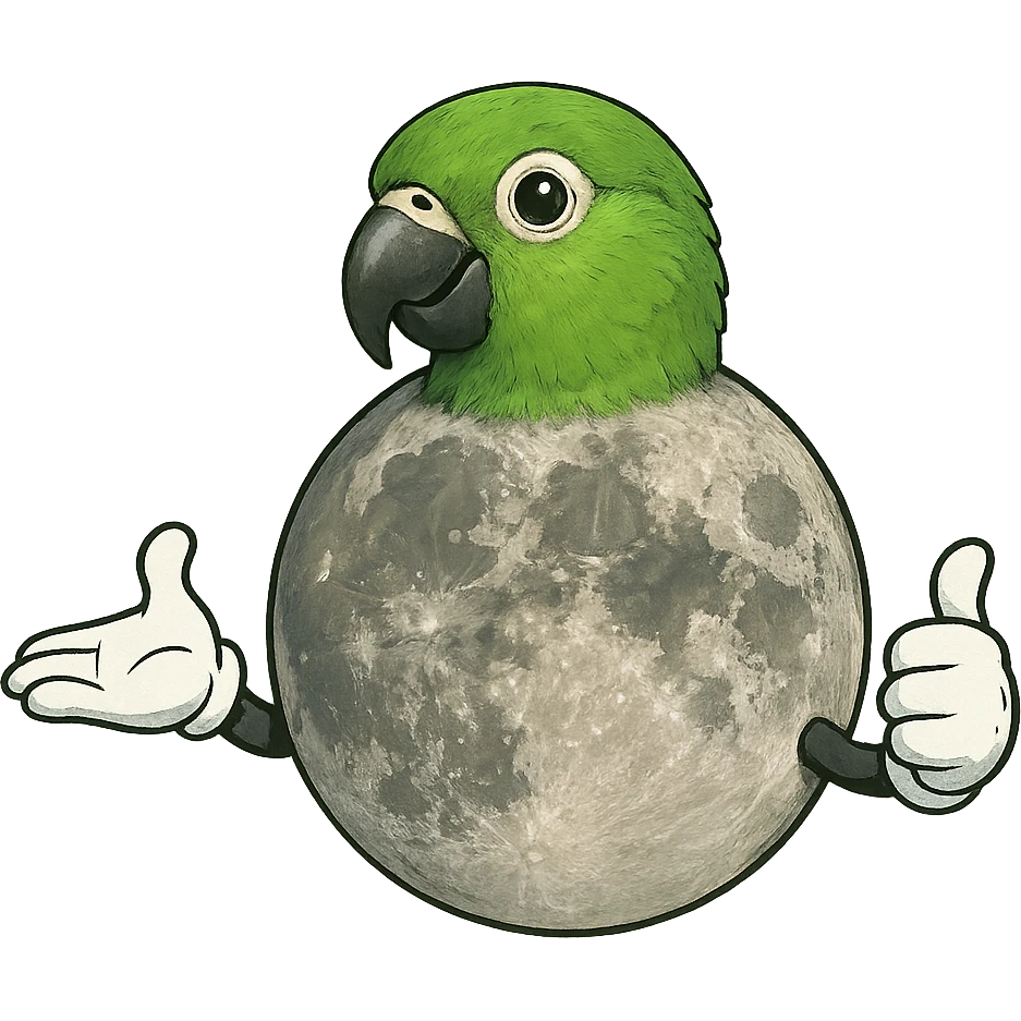 The Moon satellite with a small parrot head, with arms wearing gloves emoji