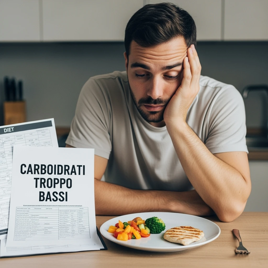 Uomo sui 35 anni in cucina, con espressione affaticata e spenta, guarda un piatto con pochissimi carboidrati (solo qualche verdura e proteine). Accanto a lui, fogli con una dieta rigida e una scritta visibile: 'Carboidrati troppo bassi'. emoji