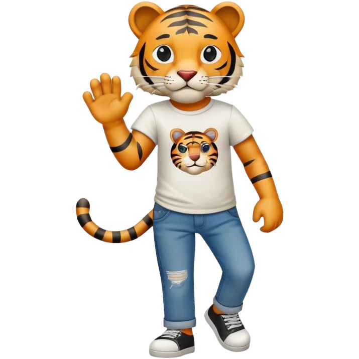 anthropomorphised tiger in a band t-shirt and jeans with an eye patch walking upright relaxed pose emoji