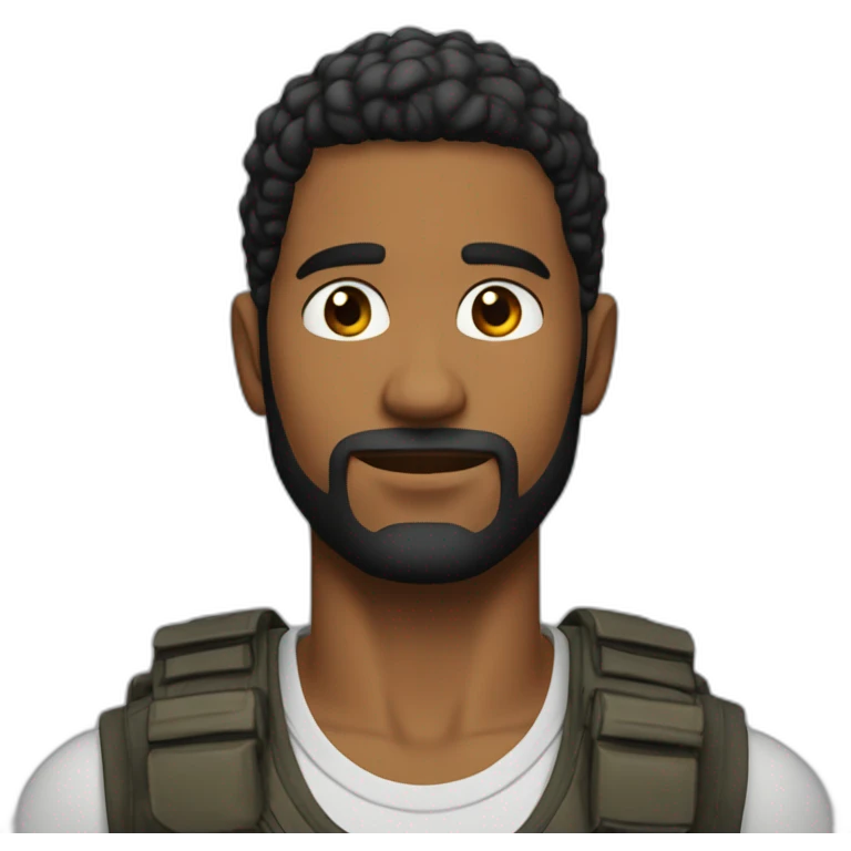 Joven de 27 años, pelo negro corto, barba negra, y un chaleco tactico emoji