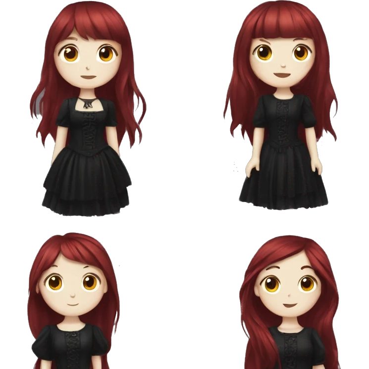 girl that has white skin and Long Dark red hair and fringe bangs and is wearing gothic dress emoji