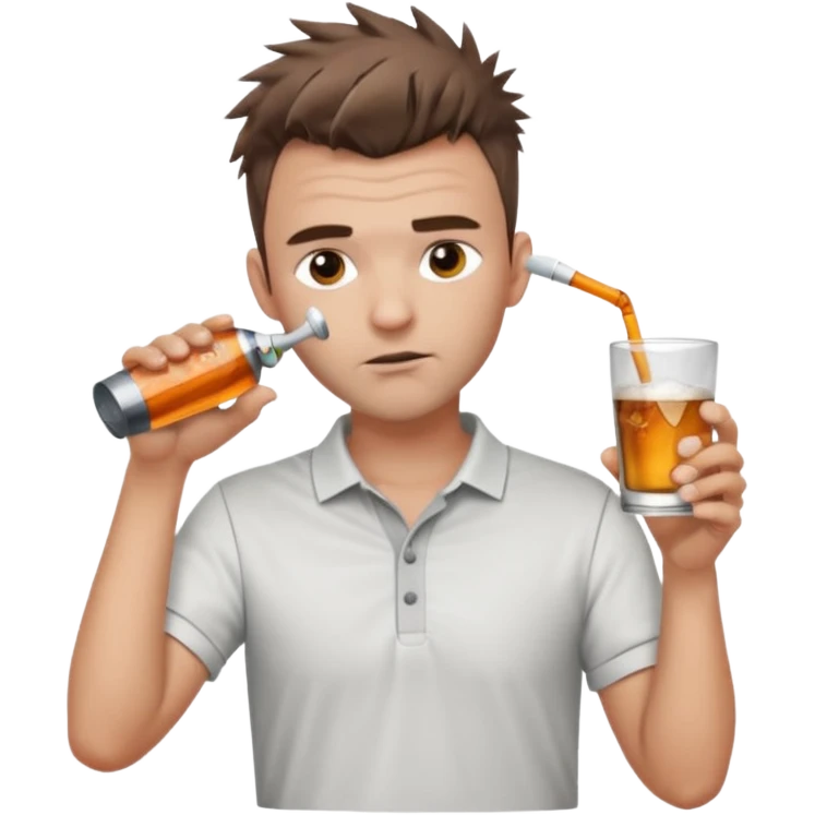 Handsome male.short messy brown hair.mowhawk hairstyle. wearing white golf shirt.grey shorts. Drinking shooter . emoji